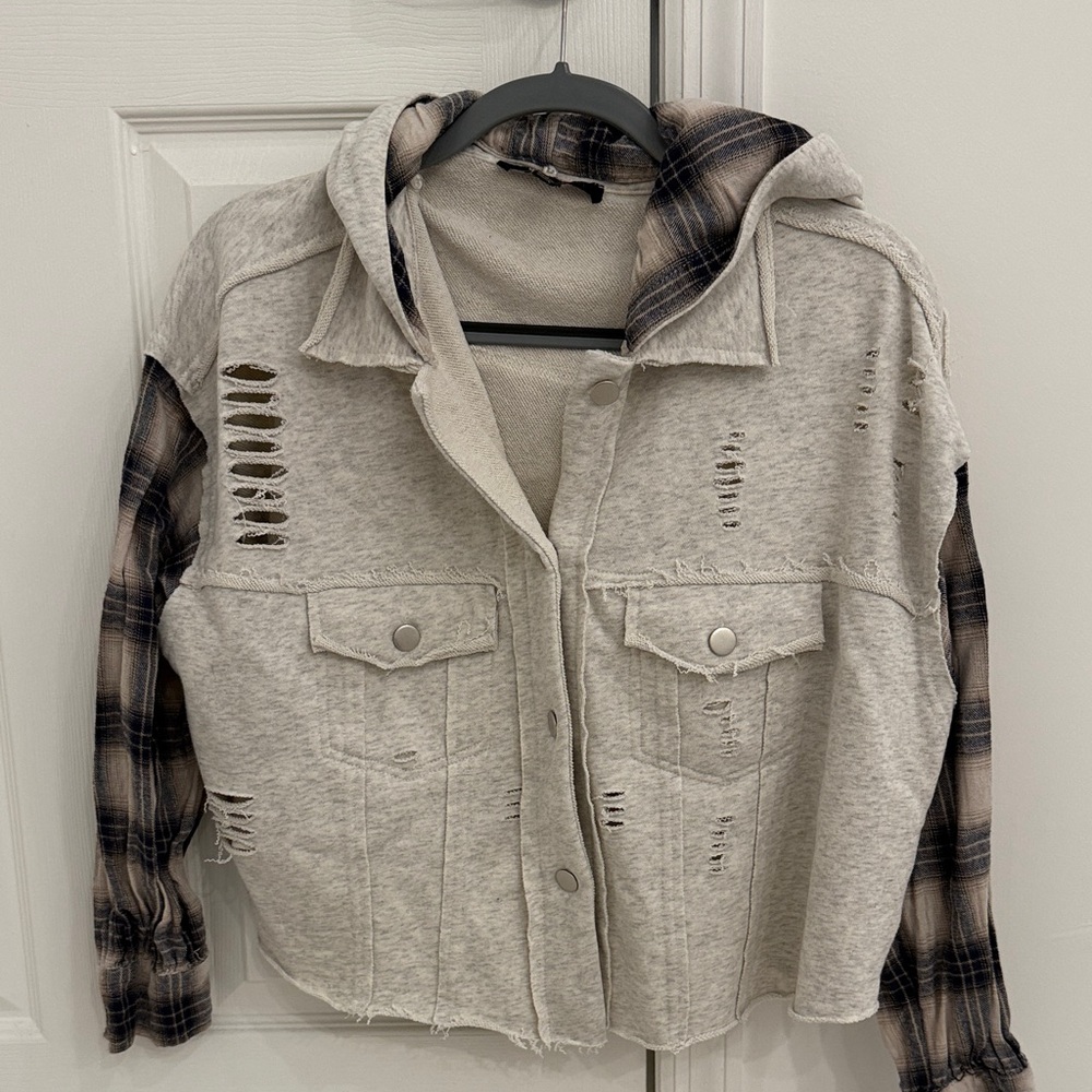 Distressed Gray sweatshirt/Jacket with Plaid Sleeves. Detachable hood